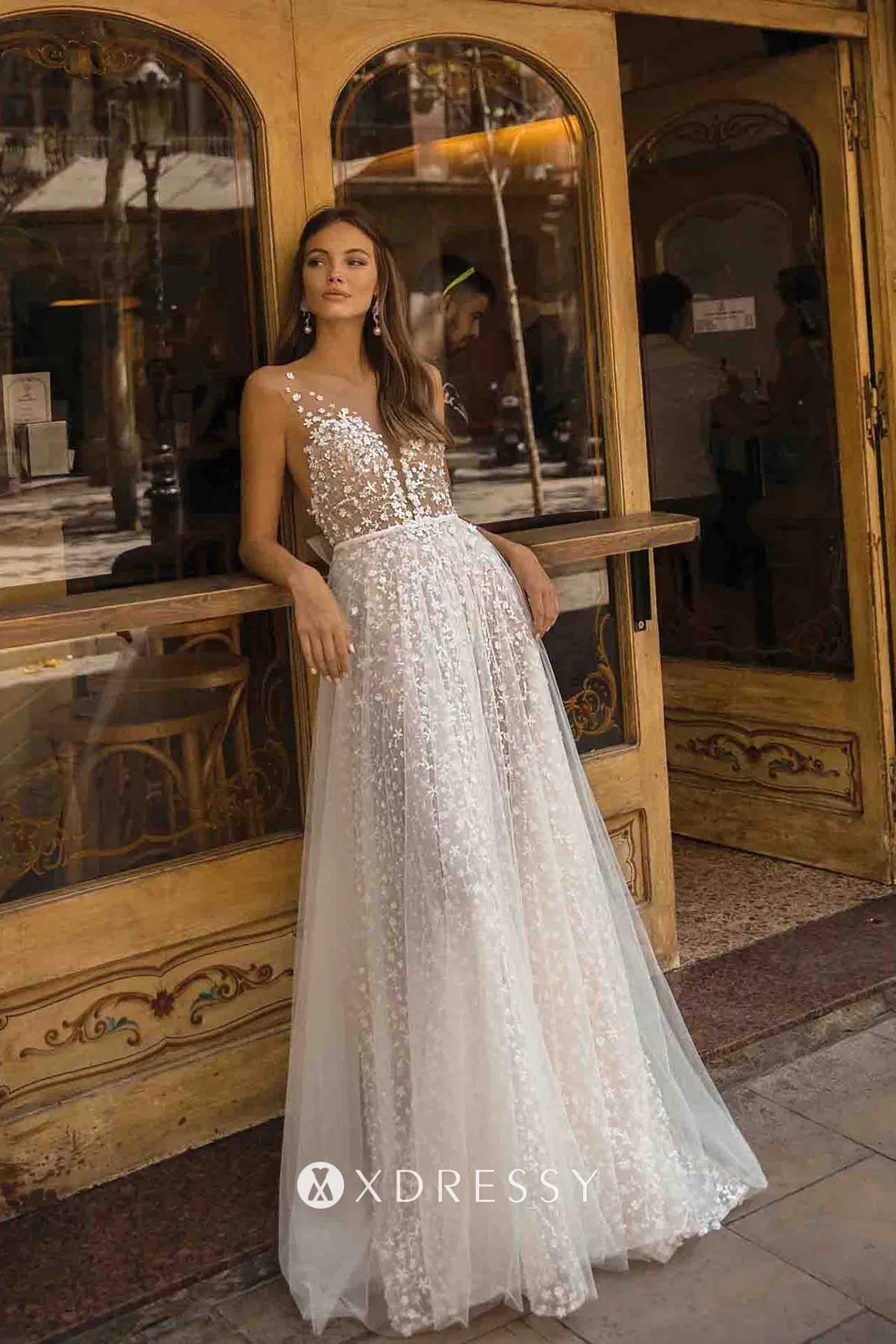 deep v neck romantic lace a line bow back wedding dress deep v neck romantic lace a line bow back wedding dress