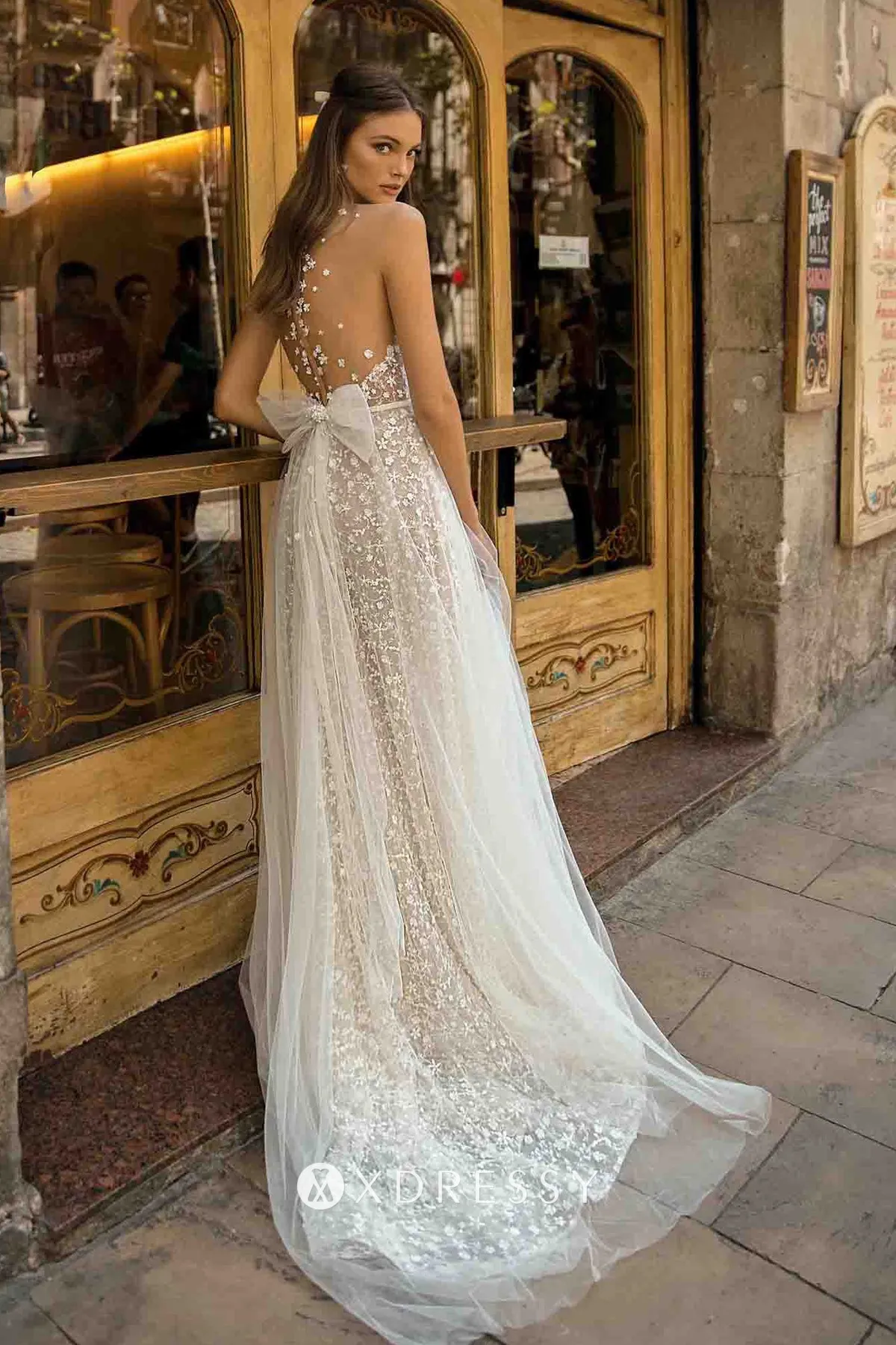 sexy illusion lace back with bow long beach wedding dress sexy illusion lace back with bow long beach wedding dress