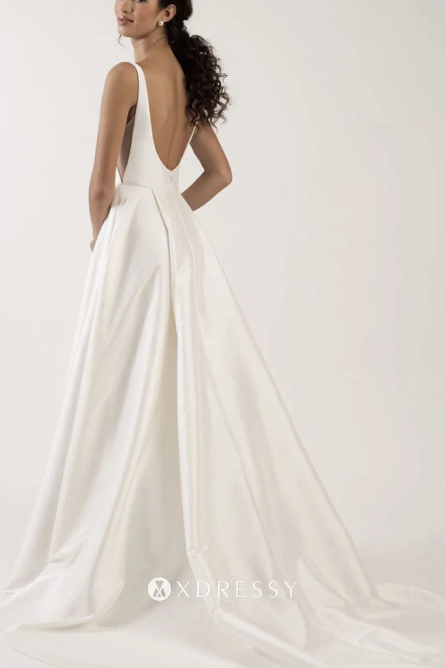 modern open back ivory satin court train weding gown