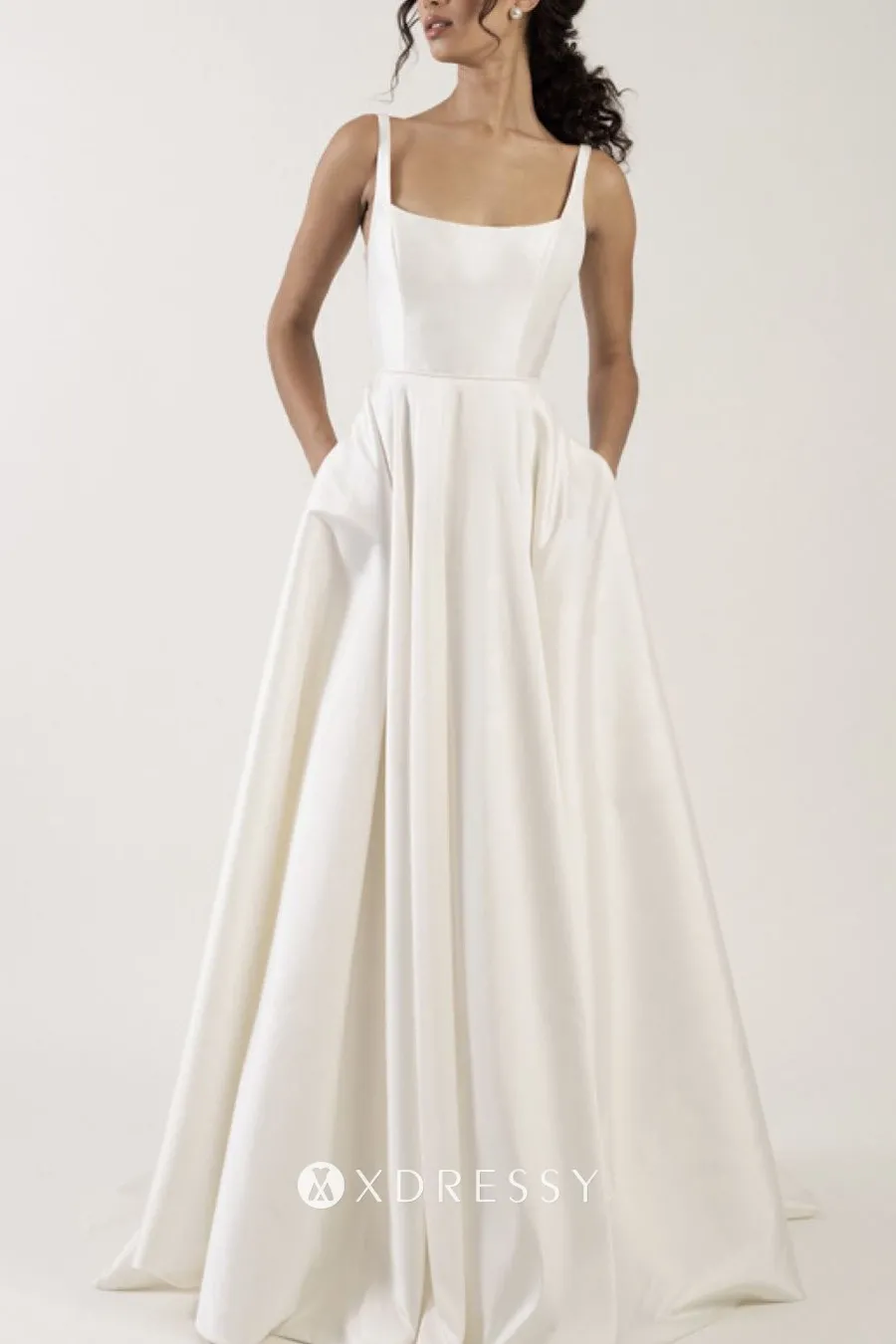 simple a line square neck open back satin wedding gown