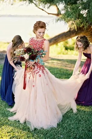 red beaded floral lace a line destination wedding dress