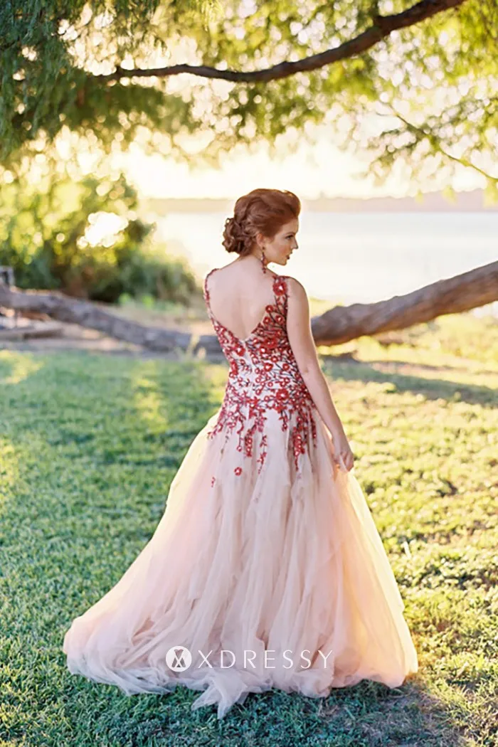 red beaded floral lace v back sweep train outdoor wedding dress