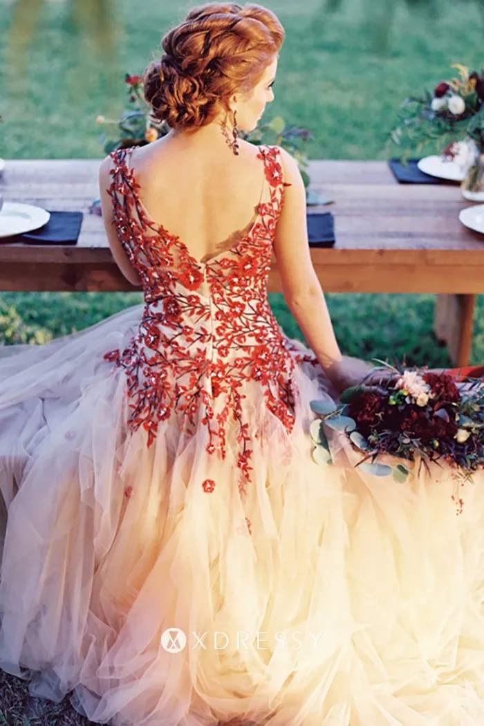 red beaded lace v back casual wedding dress
