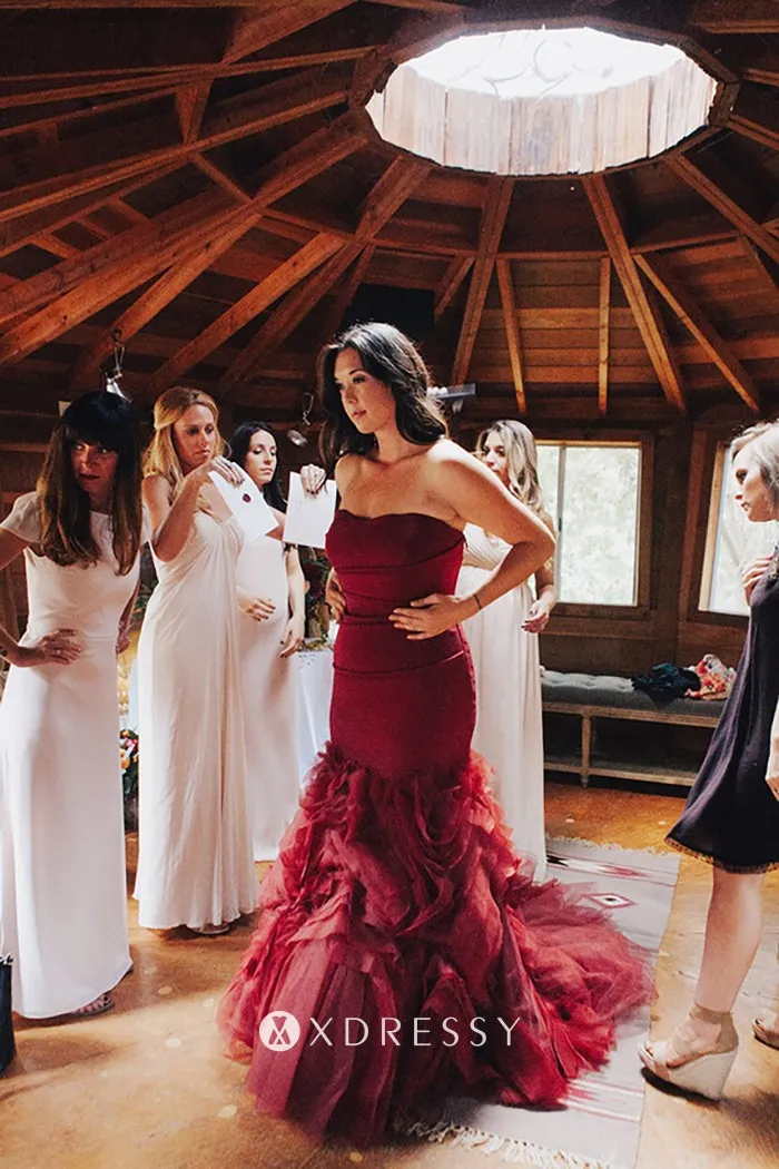 casual burgundy sweetheart neck mermaid flanged long bridal dress