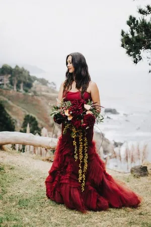 rustic burgundy flanged organza mermaid bridal dress