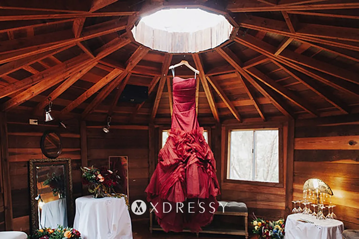 rustic burgundy sweetheart neck pleated mermaid bridal dress
