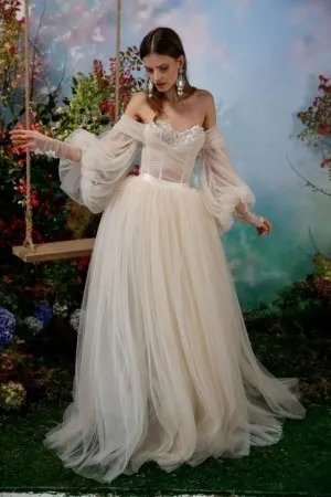 fairy nude pleated tulle long puff sleeve bridal dress