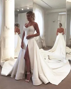 minimalist strapless corset slit satin wedding dress