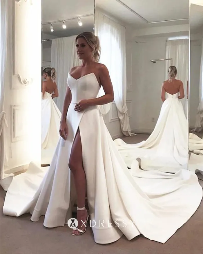 Minimalist Square Neck Satin A-line Slit Bridal Dress - Xdressy