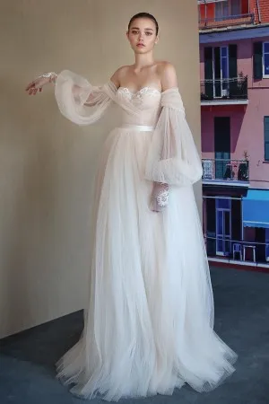 nude pleated tulle long puff sleeve cool bridal dress