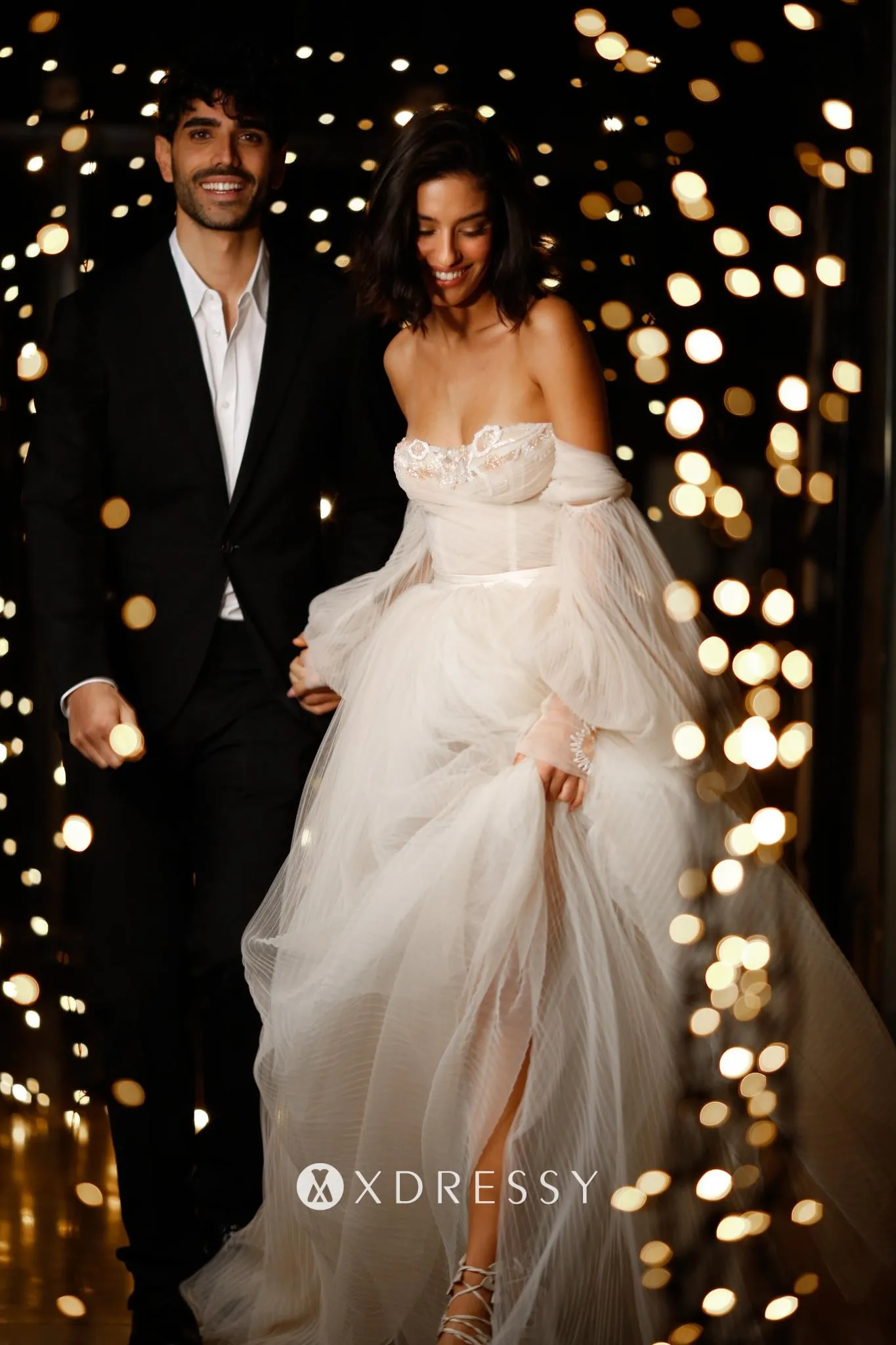 nude pleated tulle long puff sleeve destination bridal dress nude pleated tulle long puff sleeve destination bridal dress