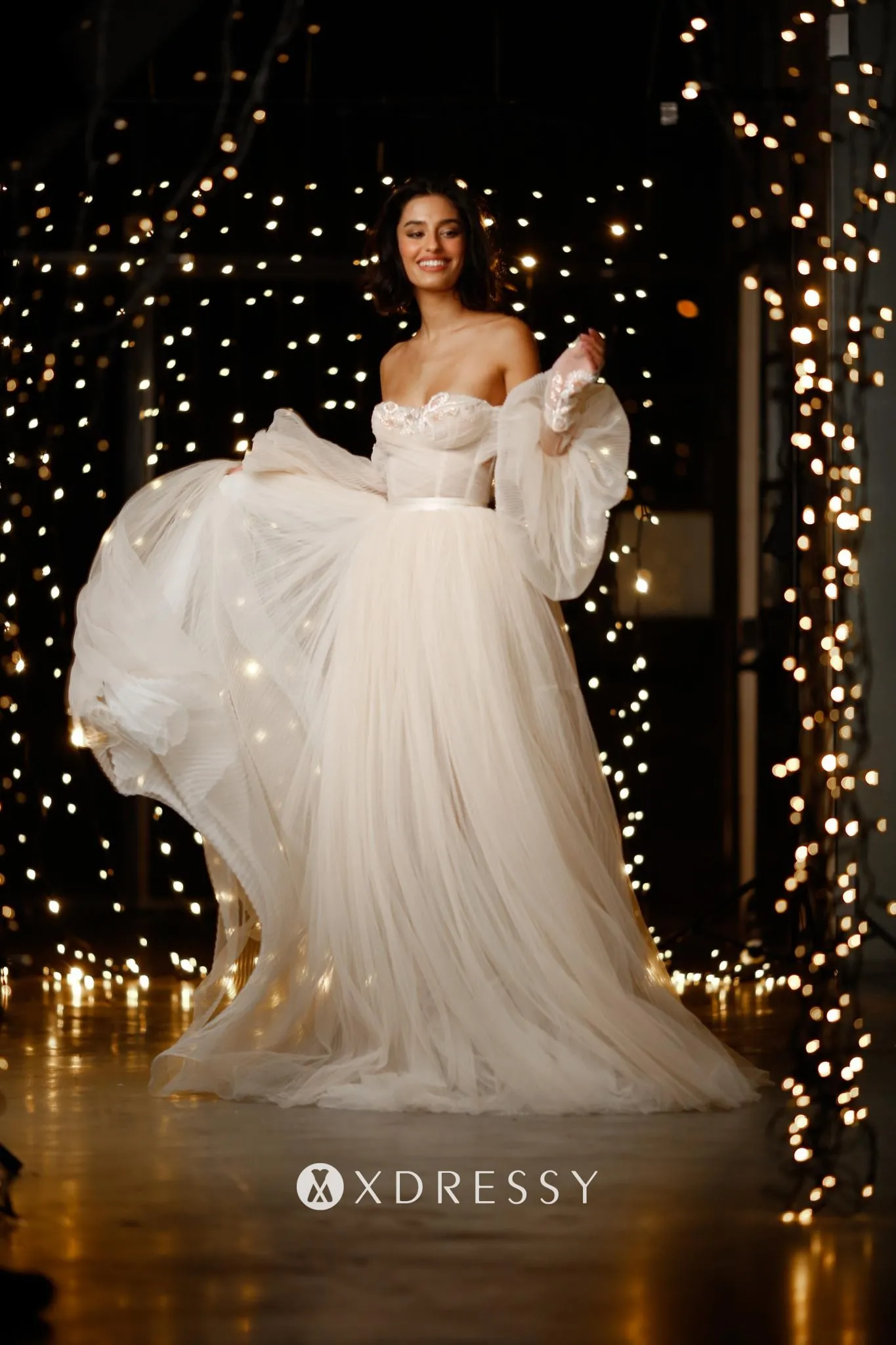 nude pleated tulle sweetheart neck long puff sleeve bridal shower dress nude pleated tulle sweetheart neck long puff sleeve bridal shower dress