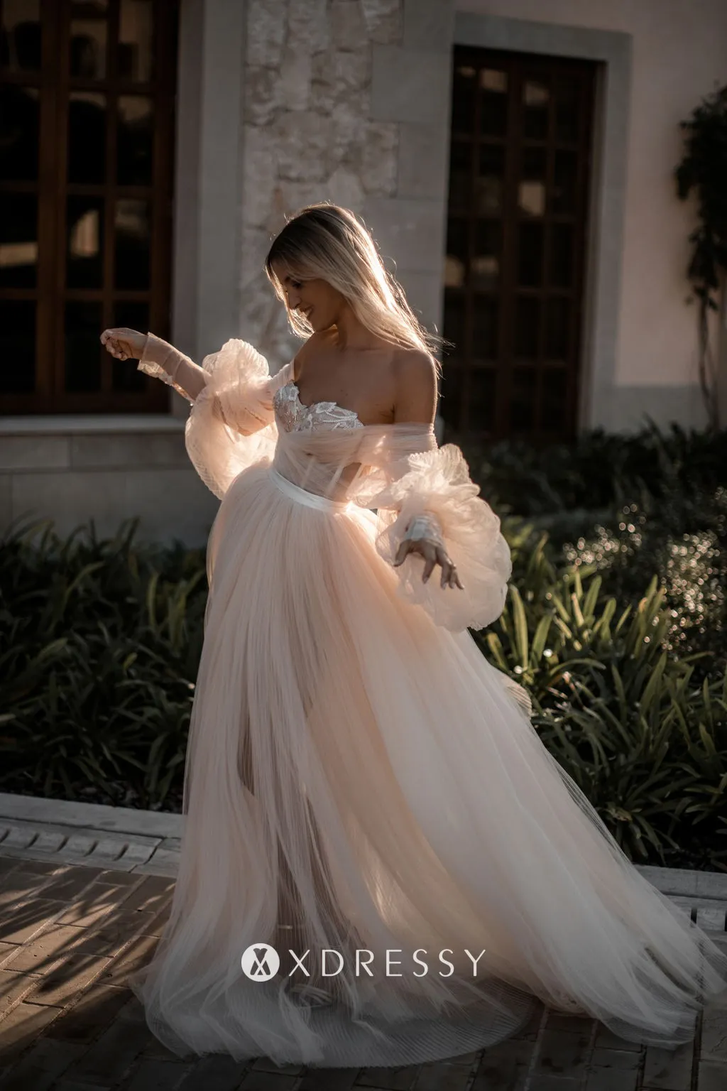 nude pleated tulle sweetheart neck puff sleeve engagement dress nude pleated tulle sweetheart neck puff sleeve engagement dress