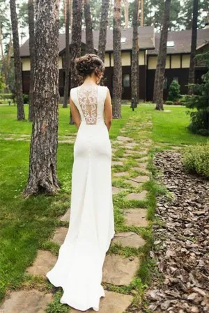 ivory satin illusion lace mermaid simple bridal dress
