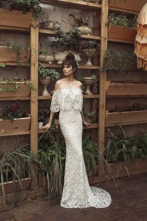 off shoulder scalloped lace mermaid boho wedding dress