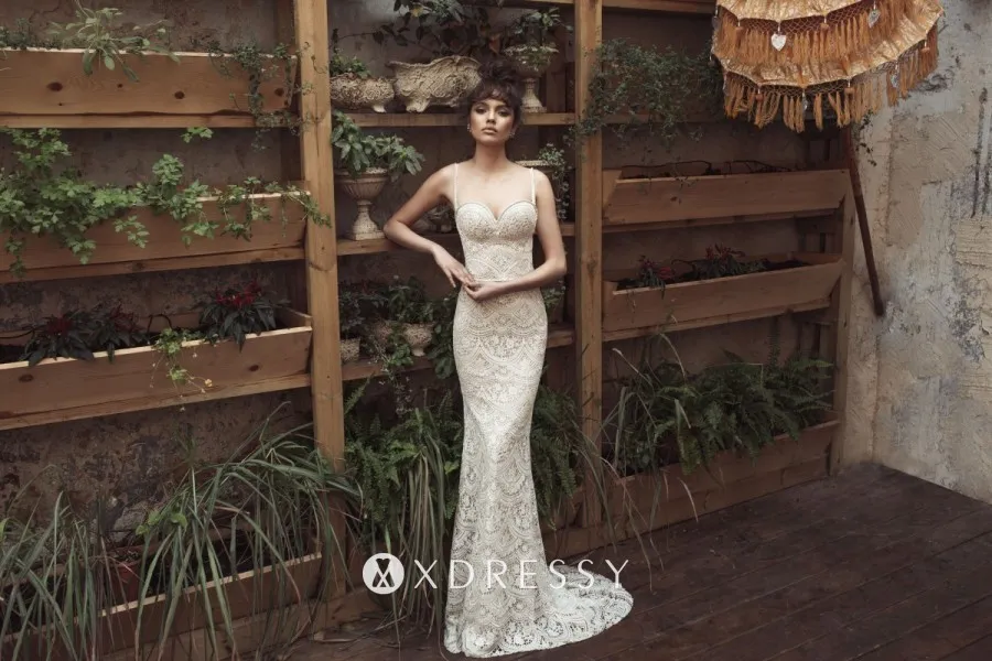spaghetti straps scalloped lace mermaid boho wedding dress spaghetti straps scalloped lace mermaid boho wedding dress