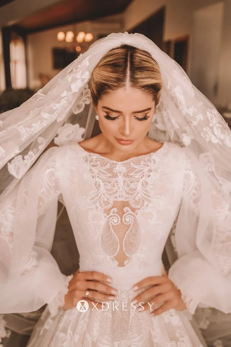boat neck floral lace tulle long sleeve wedding dress
