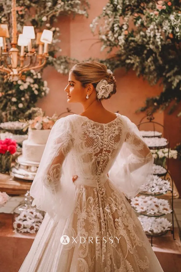 buttons back floral lace tulle long sleeve wedding dress
