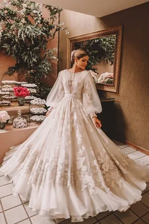 romantic floral lace tulle long sleeve wedding dress
