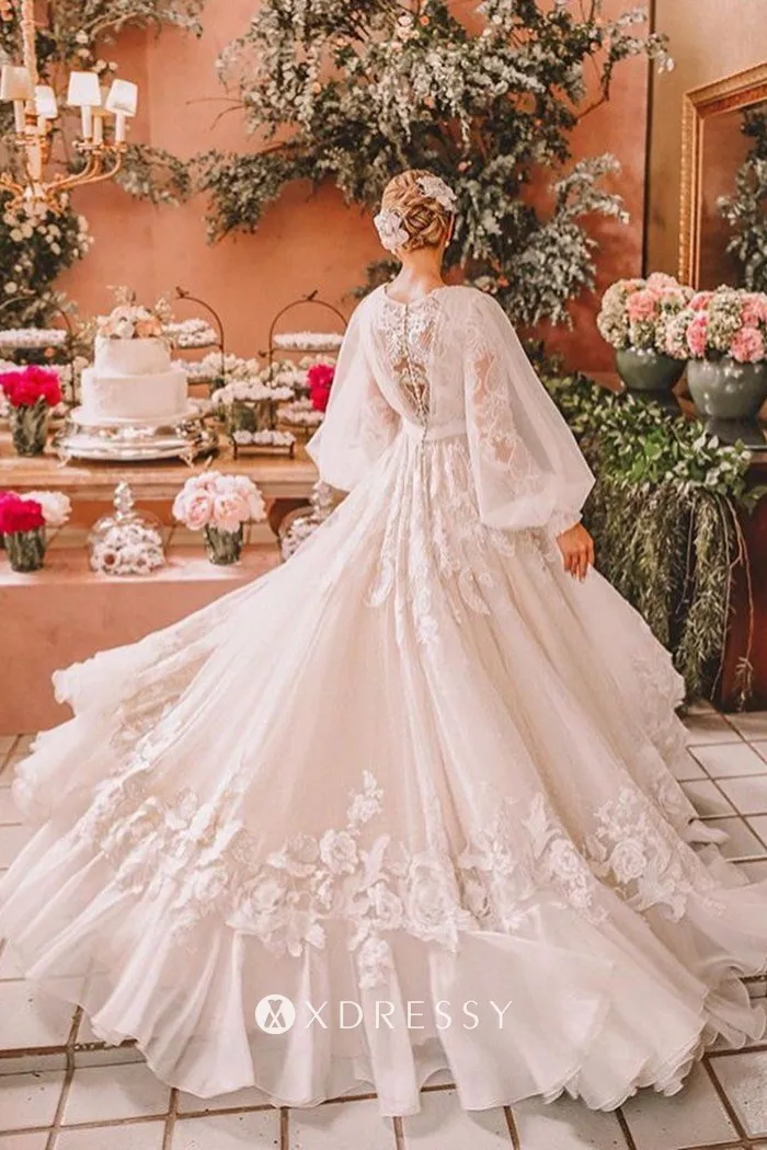 unique ivory floral lace long sleeve wedding dress