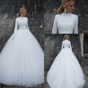 high neck long sleeve chinese ball gown wedding dress