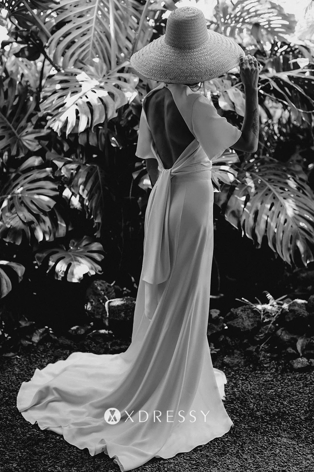 ivory satin short sleeve a line open back modern bridal gown