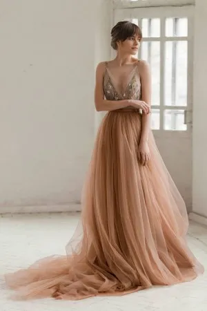romantic peanut tulle a line floral spring bridal dress