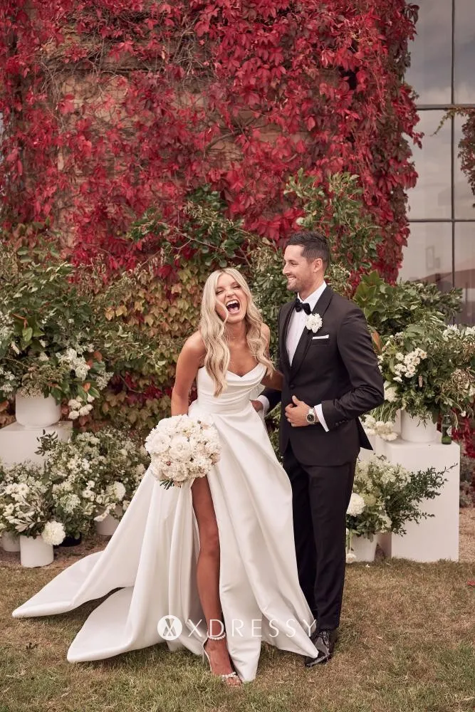 sexy v neck ivory satin a line long bridal dress with leg slit