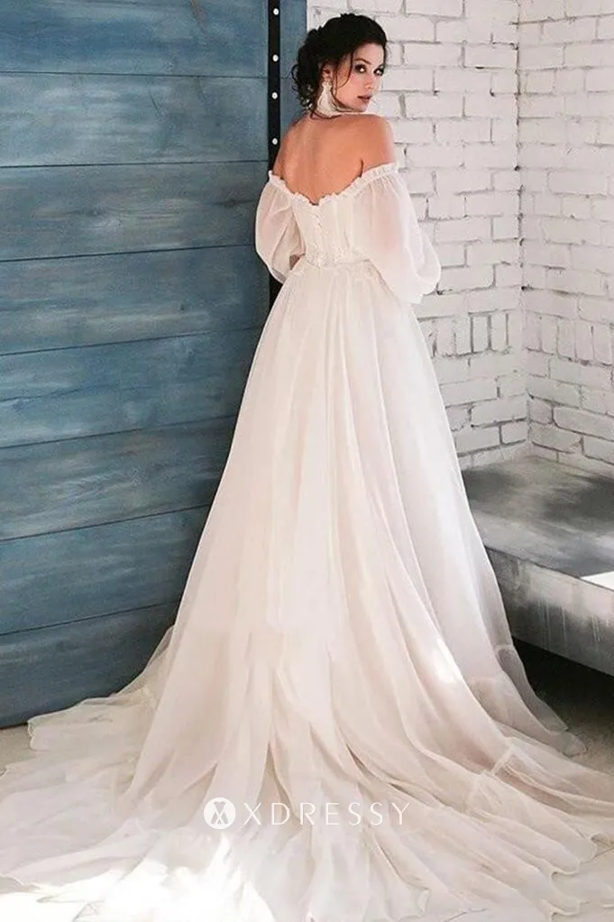 off shoulder long sleeve chiffon a line outdoor wedding dress