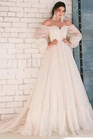 off shoulder long sleeve chiffon outdoor wedding dress