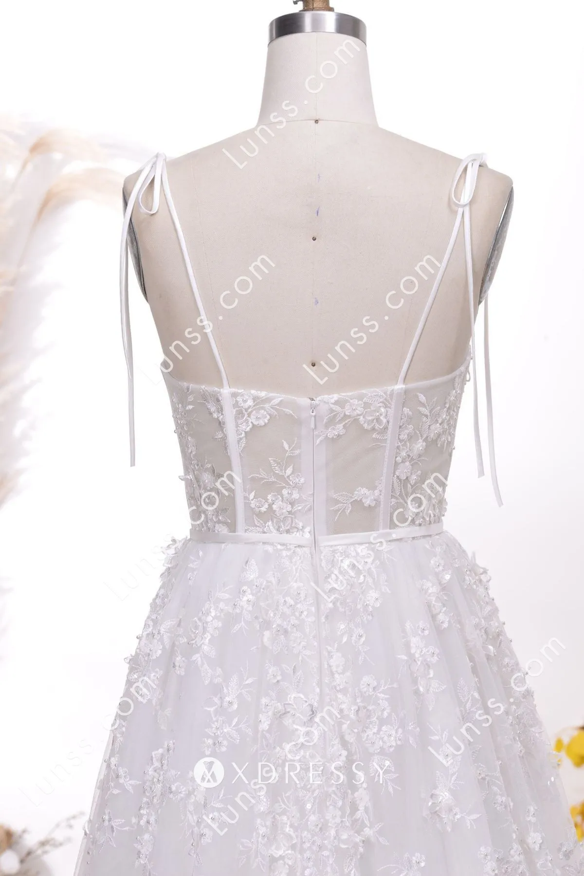 floral ivory lace corset spaghetti straps wedding dress