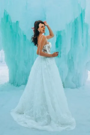 floral lace corset spaghetti strap winter wedding dress