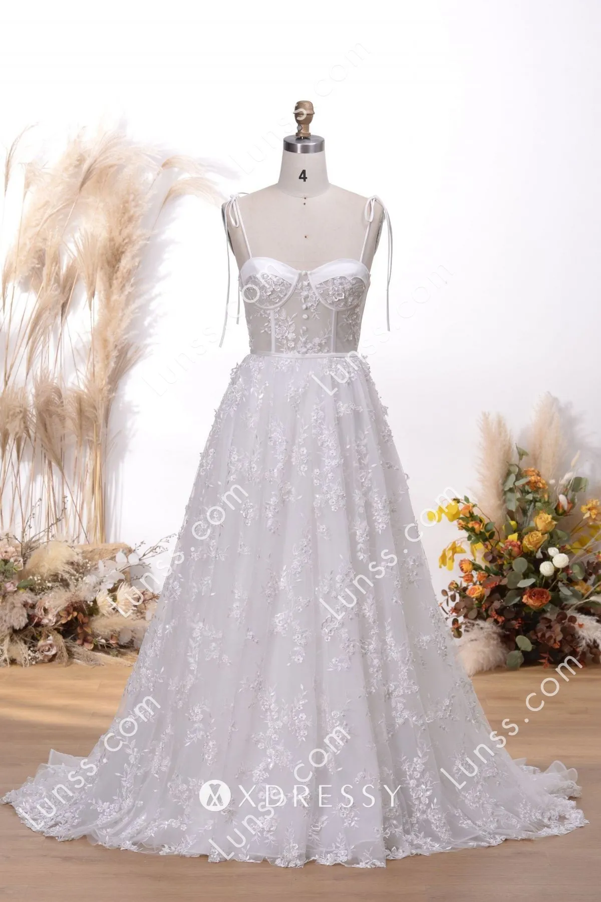 lace corset spaghetti straps a line wedding dress