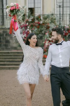pearled tiny flowers feathers mini engagement dress