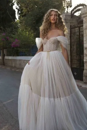 off shoulder dotted tulle a line designer bridal gown