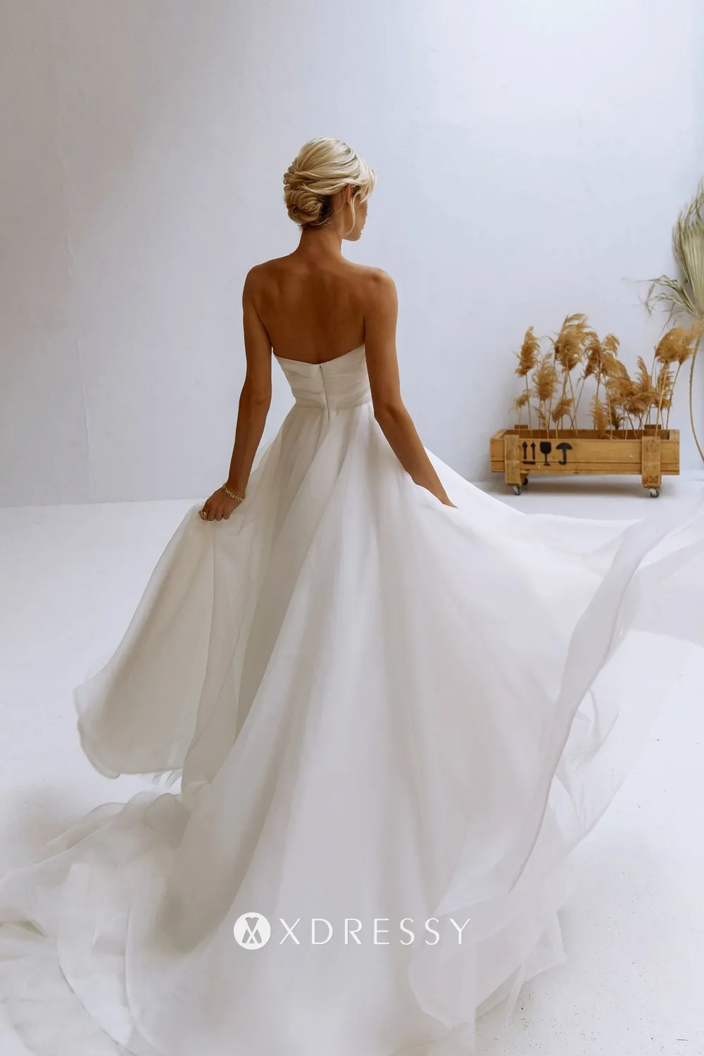 pleated ivory organza a line long bridal gown