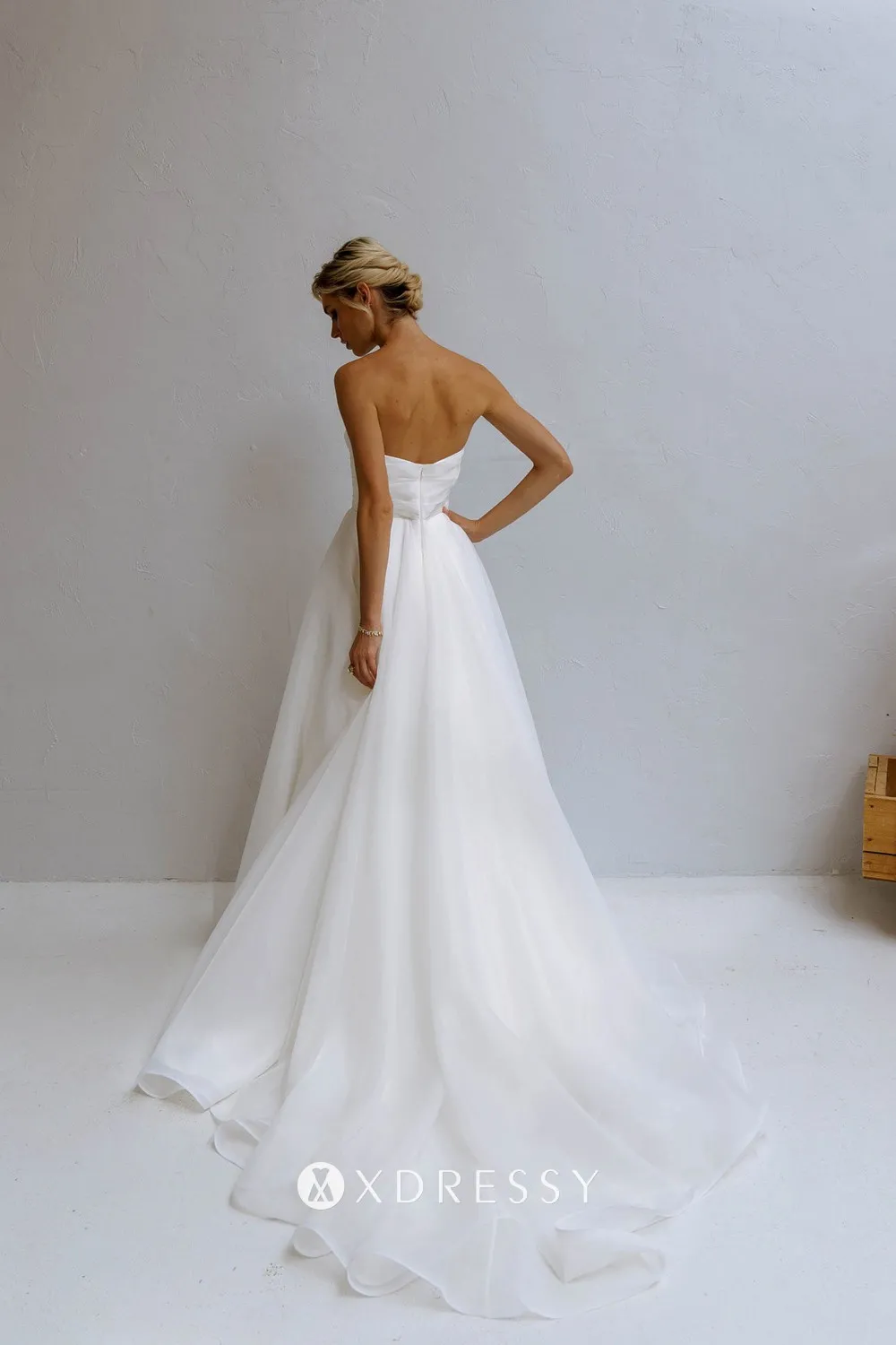 pleated ivory organza slit court train bridal dress
