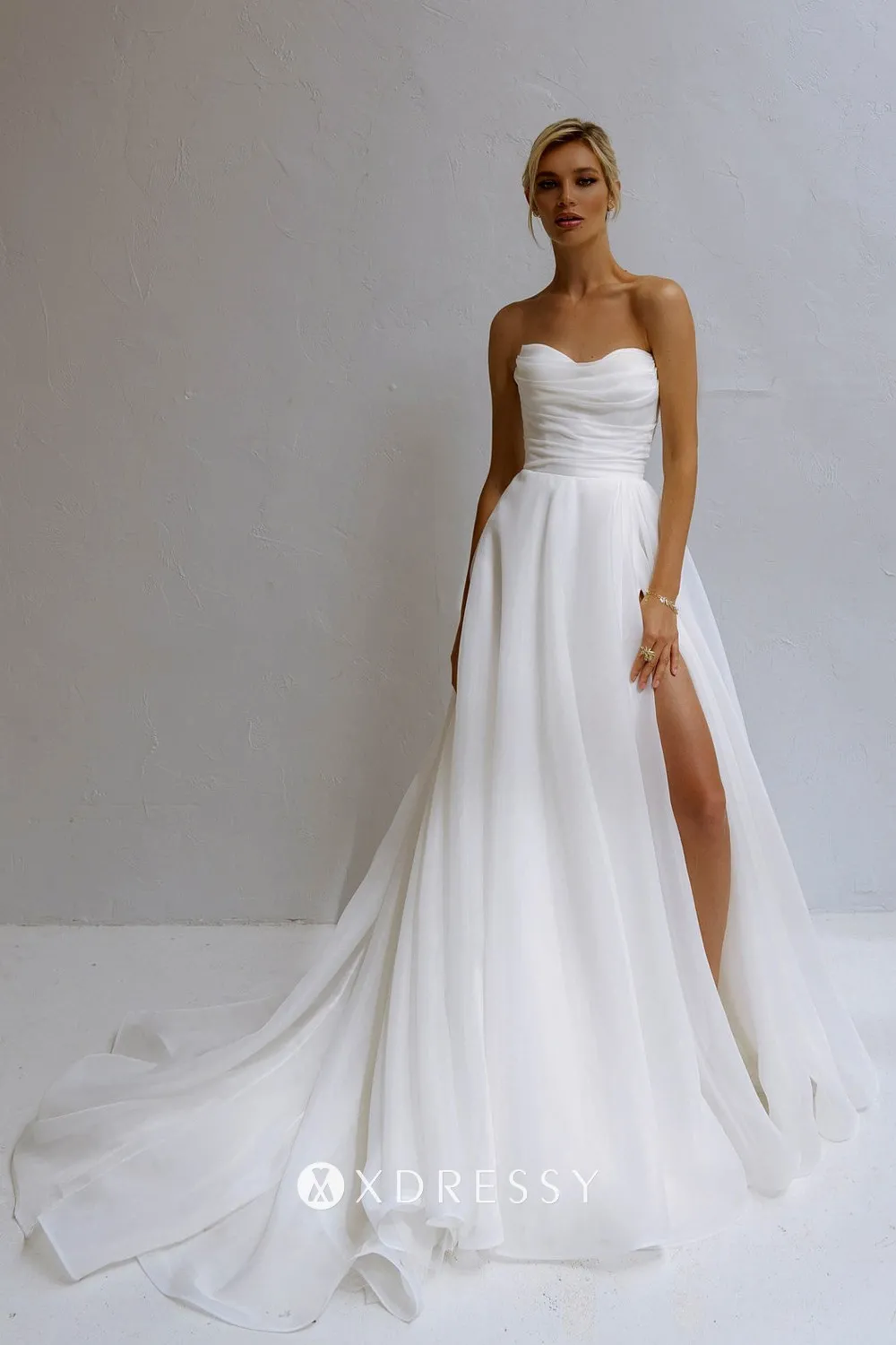simple strapless sweetheart neck pleated ivory organza slit bridal dress