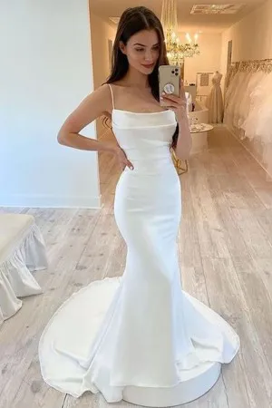 elegant scoop neck ivory satin fitted wedding dress