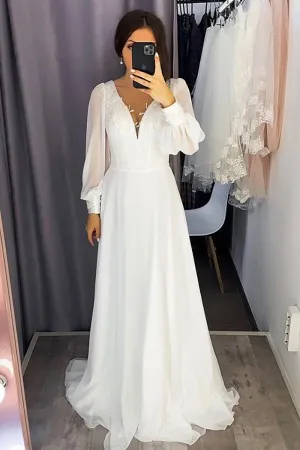 elegant v neck long sleeve a line chiffon wedding gown