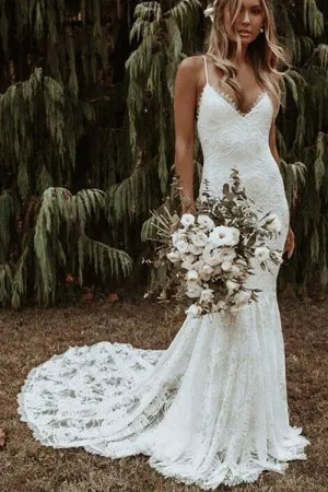 spaghetti strap lace low back bohemian wedding dress