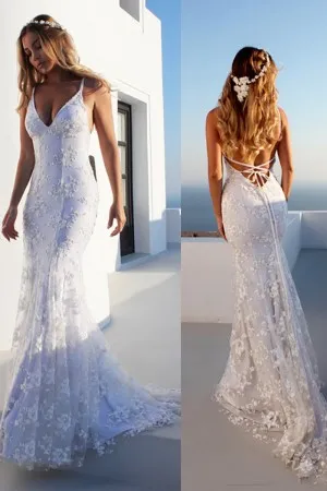 charming lace strap back mermaid beach wedding dress