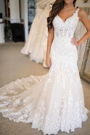 class lace sleveelss v neck mermaid wedding dress