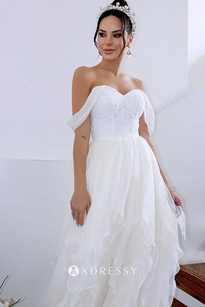 off the shoulder sweetheart neck lace chiffon wedding dress