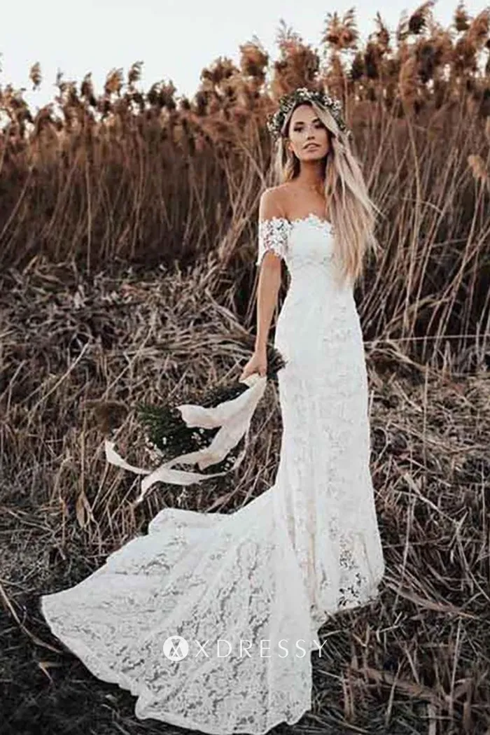 Off-the-Shoulder Floral Lace Mermaid Boho Wedding Gown - Xdressy