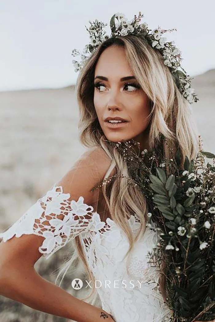 off the shoulder floral lace mermaid boho wedding gown