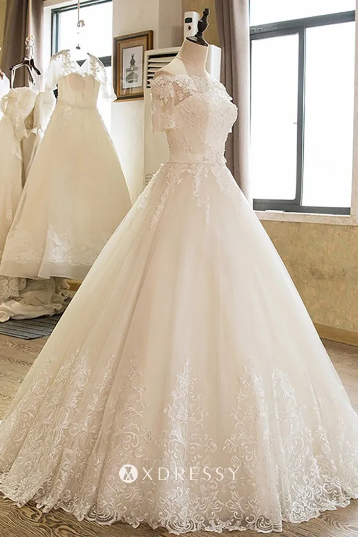 lace tulle short sleeve floor length wedding ball gown lace tulle short sleeve floor length wedding ball gown
