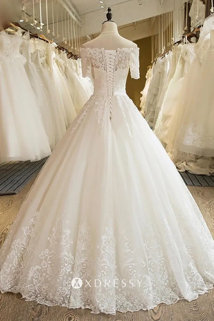 lace tulle short sleeve lace up back wedding ball gown lace tulle short sleeve lace up back wedding ball gown