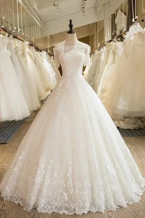 lace tulle short sleeve princess wedding ball gown