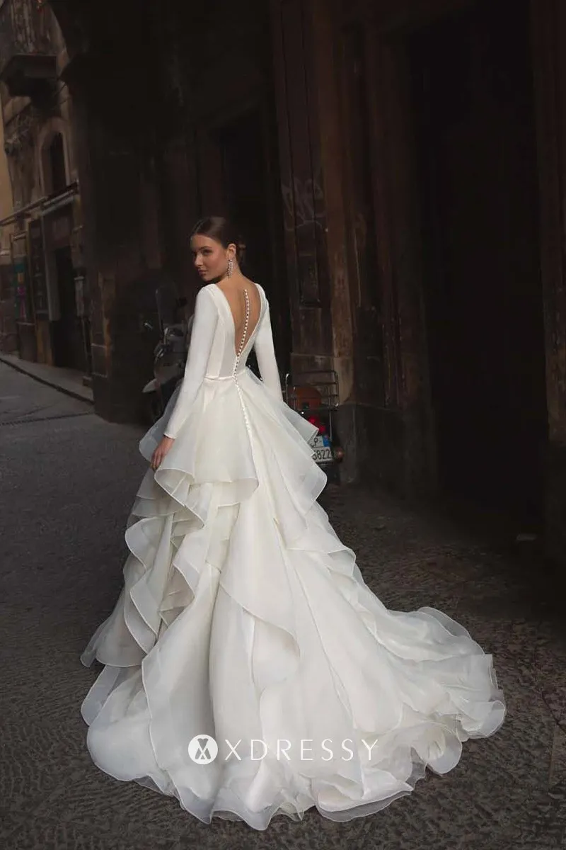 long sleeve illusion back flounced organza satin wedding gown